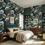 Floral Mistleaf Waltz Wallpaper with a botanical pattern and green hues on a bedroom wall.
