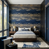 Nocturne Range wallpaper with blue and gold mountain range pattern, textured wallpaper.
