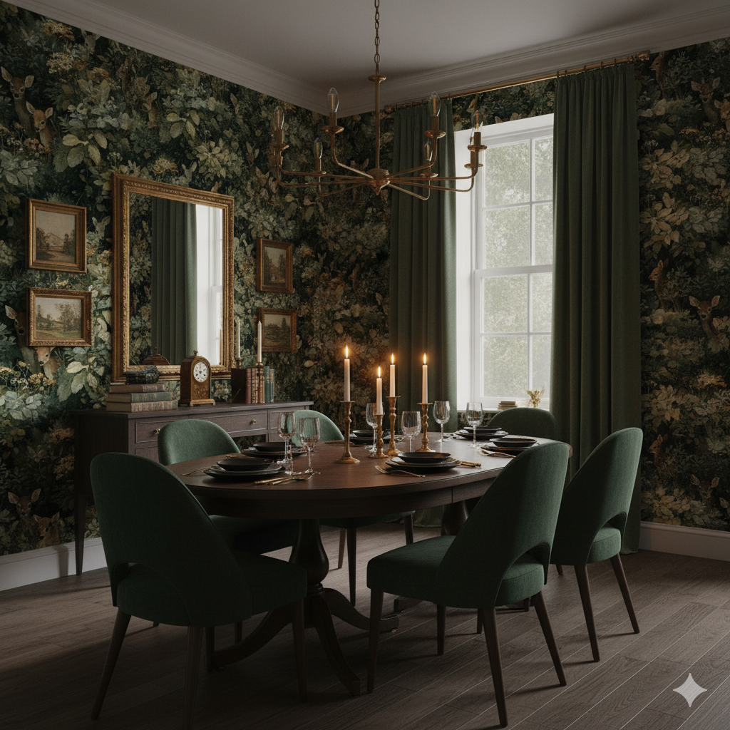Woodland Creatures Wallpaper with foliage and deer patterns.