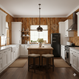 Wood-paneled Mesquite Grove Wallpaper from Brewster Wallcovering, adding rustic charm to a kitchen with white cabinets and a black refrigerator.