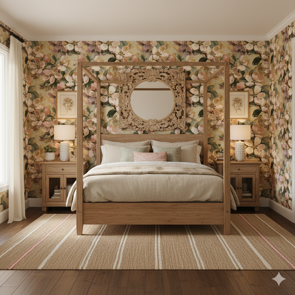 Floral wallpaper in a watercolor style with a pattern of pink and cream blossoms and foliage.