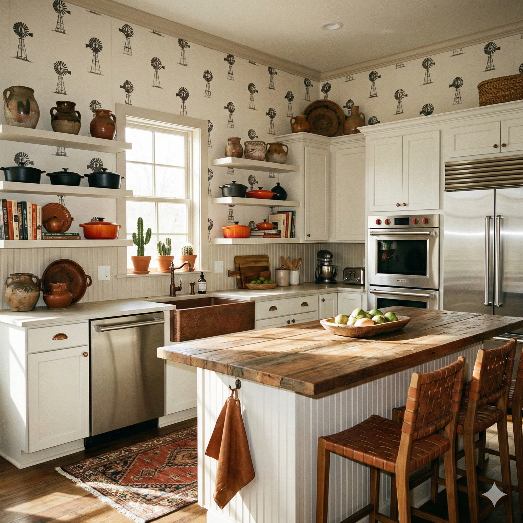Stockyard No. 17 Wallpaper with a windmill pattern, covering the kitchen walls.
