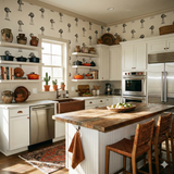 Stockyard No. 17 Wallpaper with a windmill pattern, covering the kitchen walls.
