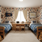 Rodeo sketch wallpaper with horse rider pattern, in a dorm room setting.
