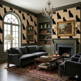Patterned wallpaper with black dog silhouettes, over olive green trim and woodwork.