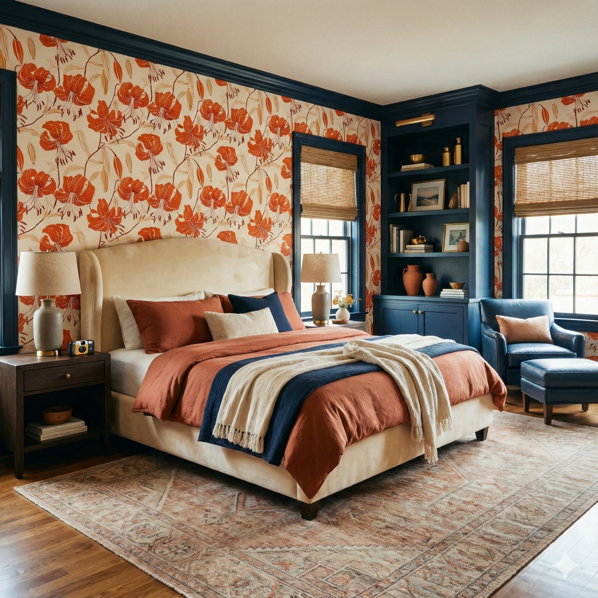 Floral Ember Tilly Wallpaper with red flowers on cream background, covering the walls of bedroom.