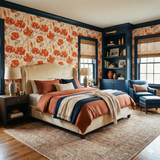 Floral Ember Tilly Wallpaper with red flowers on cream background, covering the walls of bedroom.