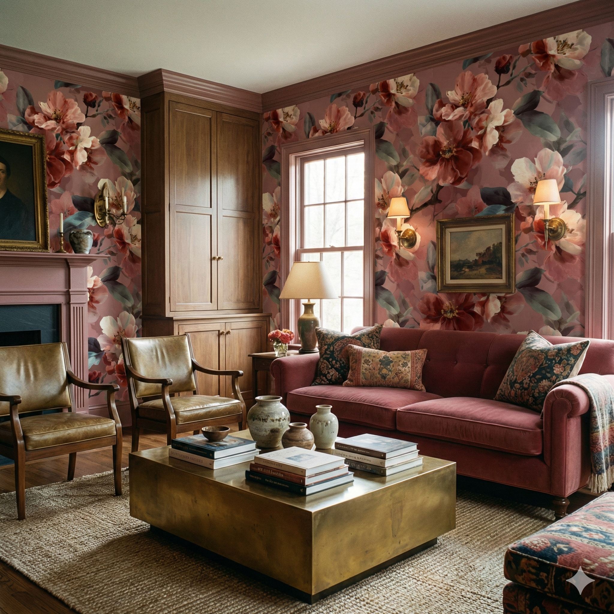 Floral Petaline Nocturne Wallpaper with a pink botanical pattern on the wall.
