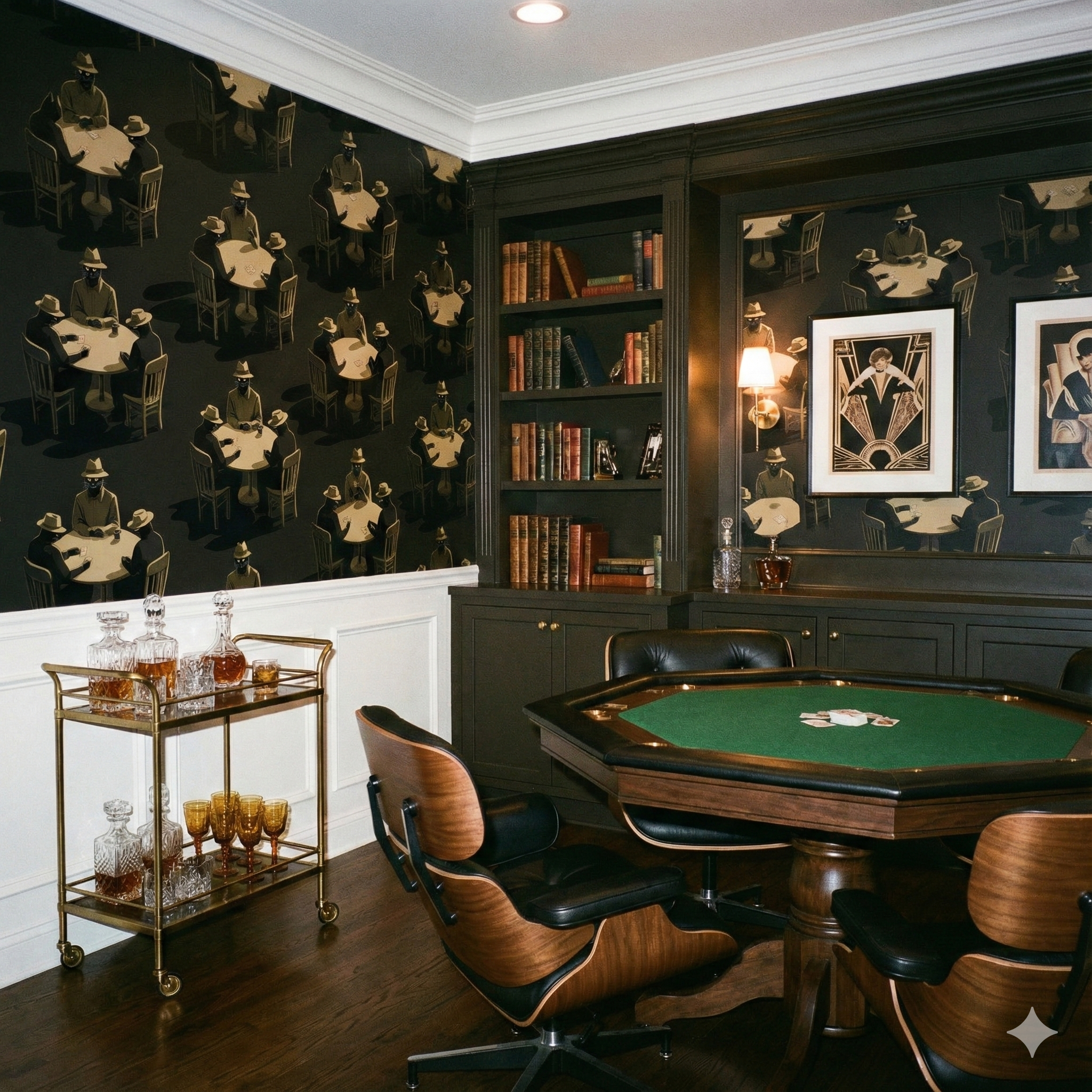 Patterned wallpaper by Flavor Paper with people playing poker at tables in a game room.