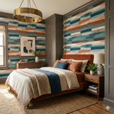 Carmel Brushwalk Wallpaper with horizontal brushstroke pattern, in shades of teal, orange, and gray.
