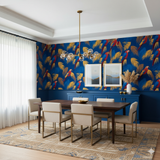 Blue parrot and palm leaf wallpaper featuring red, gold, and dark blue colors.