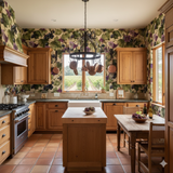 Vineyard wallpaper with grape motif, featuring green leaves and purple accents.
