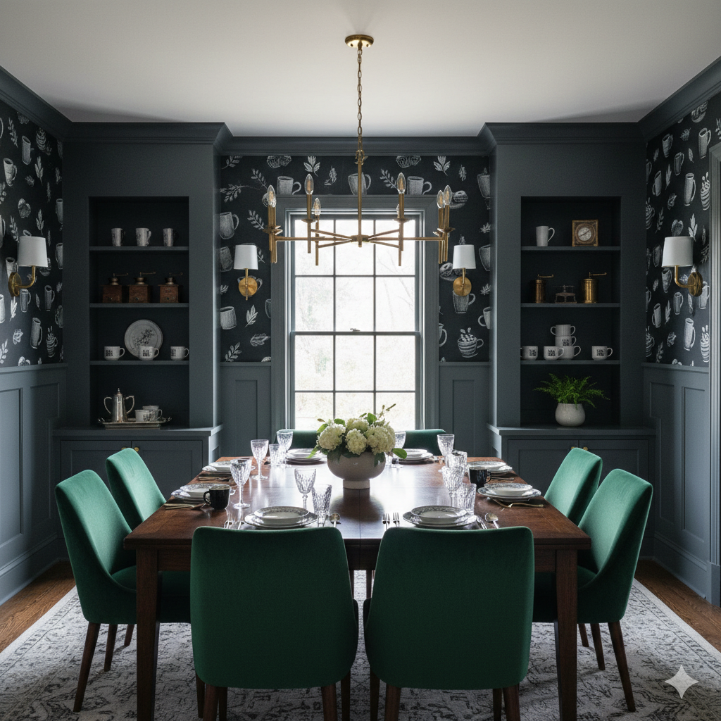 Café Noir wallpaper with coffee cup print on dark gray backdrop.