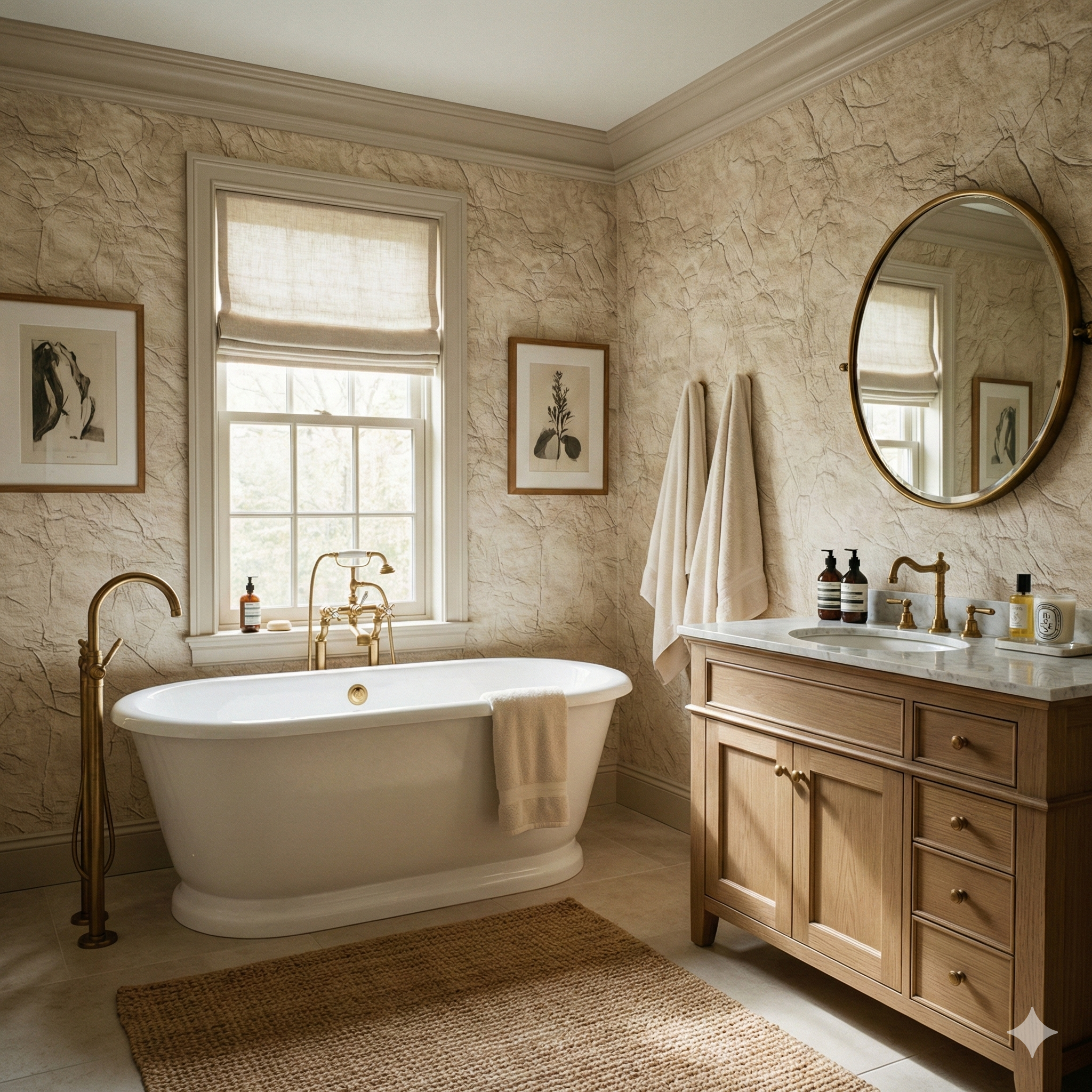 Textured paper relic wallpaper with earth tone pattern, styled in a traditional bathroom.
