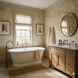 Textured paper relic wallpaper with earth tone pattern, styled in a traditional bathroom.
