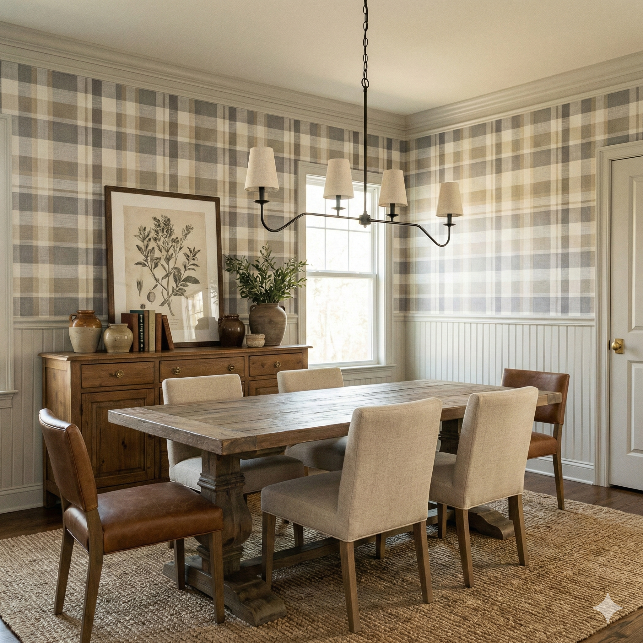 Muted field plaid wallpaper with gray and beige pattern, covering the upper half of dining room walls.