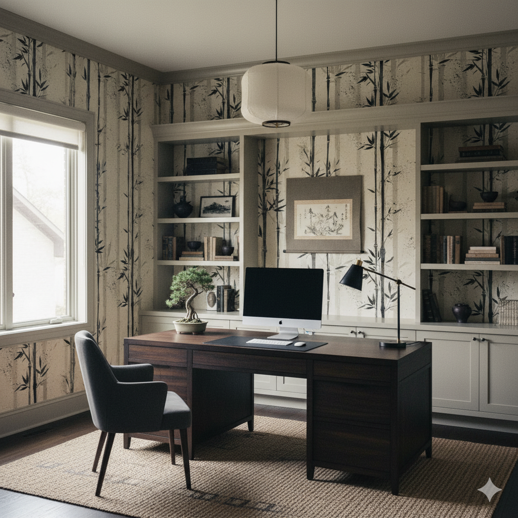 Kyoto Reed wallpaper with bamboo pattern and neutral color palette, covering walls and built-in shelving in home office.