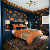 Floral wallpaper in navy and orange featuring poppy silhouettes, displayed on a bedroom wall.