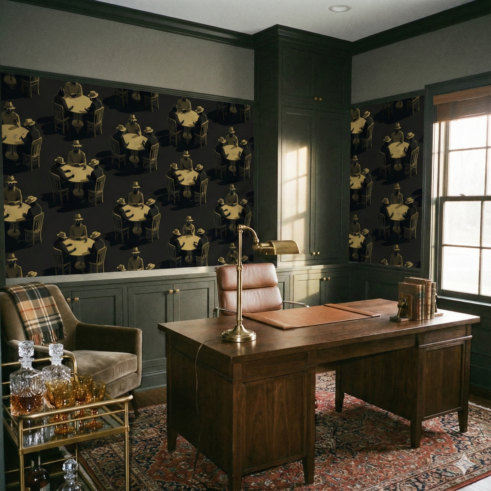 Black wallpaper with a poker game pattern, by York Wallcoverings, in a study with dark green trim.