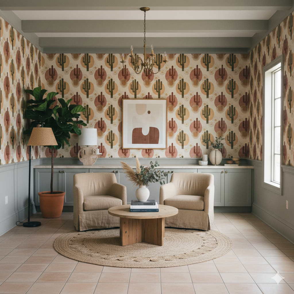 Sonoran Embershade wallpaper featuring desert cactus pattern on the walls, displayed in a staged room.