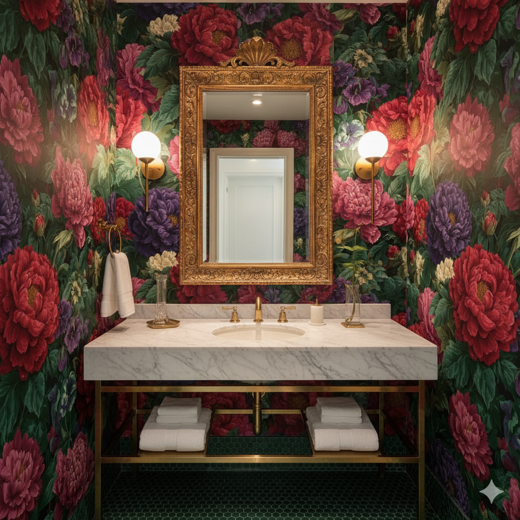 Floral wallpaper with red, pink, and purple flowers against a dark green background.