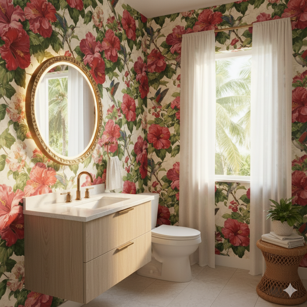 Crimson Hibiscus Wallpaper with a floral pattern on the wall of a bathroom.