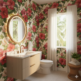 Crimson Hibiscus Wallpaper with a floral pattern on the wall of a bathroom.