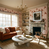 Desert Doves Wallpaper with bird pattern in a styled living room.
