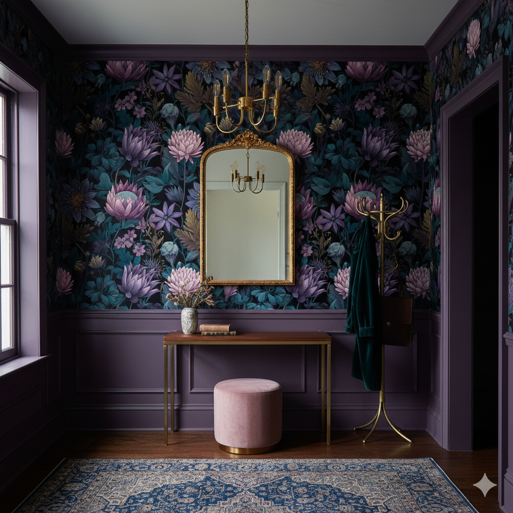 Floral wallpaper with purple and teal blooms, surrounding a gold mirror above a console table.