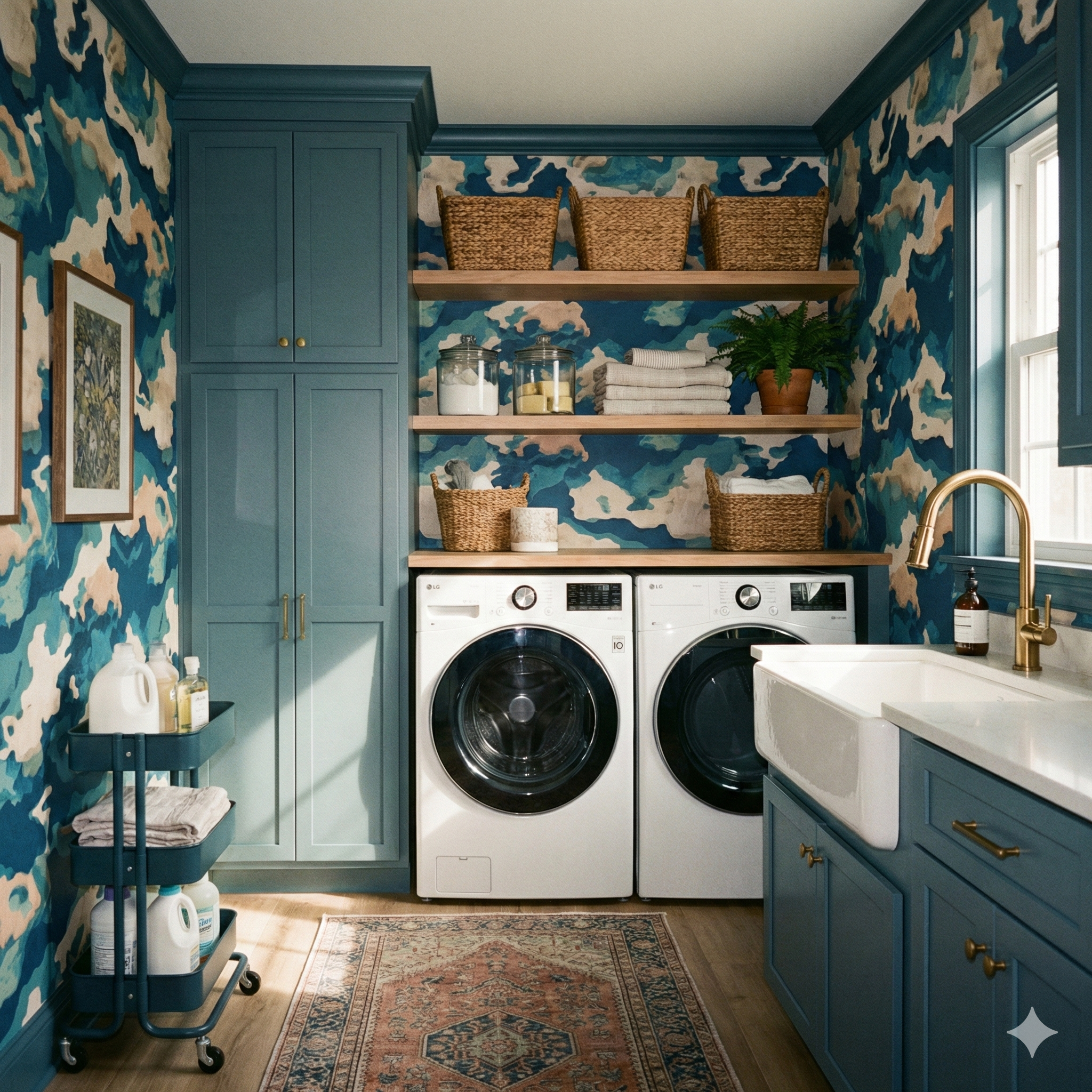 Caspian sink wallpaper with a blue and beige abstract pattern, displayed on a laundry room wall.
