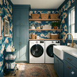 Caspian sink wallpaper with a blue and beige abstract pattern, displayed on a laundry room wall.
