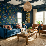 Patterned wallpaper with blue background by Province, featuring geometric shapes in gold, green, and white.