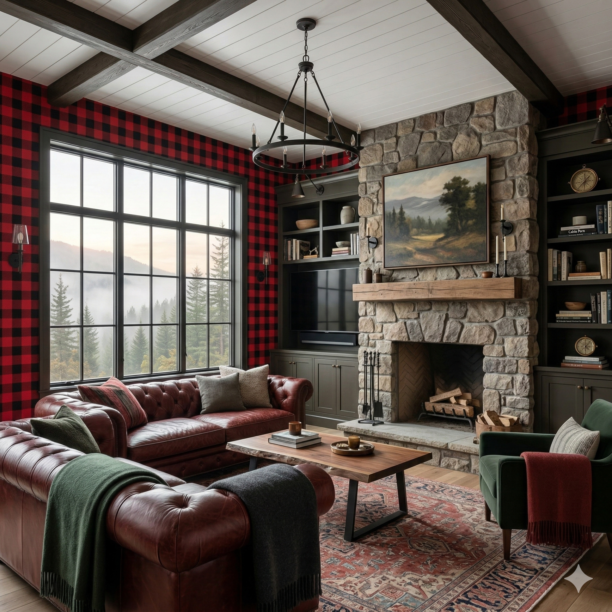 Red plaid Cabinier Rouge Wallpaper with black pattern creating a rustic accent wall.
