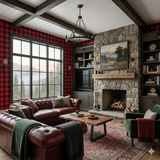 Red plaid Cabinier Rouge Wallpaper with black pattern creating a rustic accent wall.