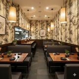 Ink Whisper Bamboo Wallpaper with bamboo pattern by York Wallcoverings, seen in a restaurant setting.