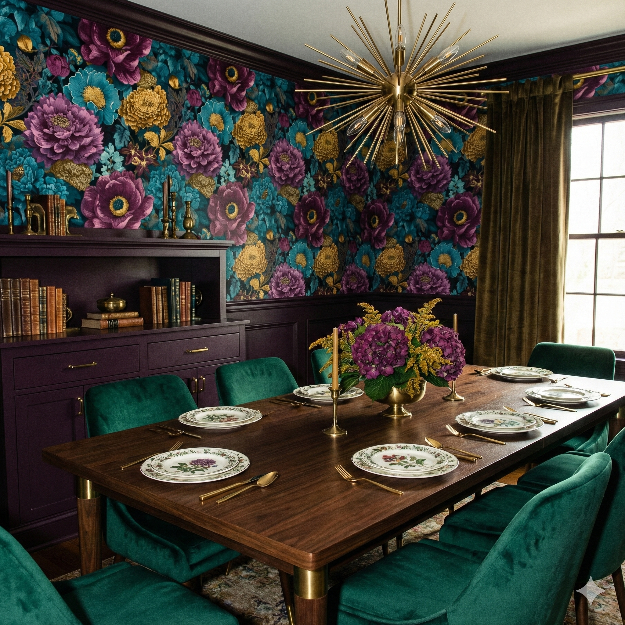 Floral wallpaper by Wallshoppe featuring blooms in jewel tones on a dark background.