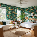 Botanical wallpaper with colorful floral and leaf pattern, featuring tropical jungle foliage, in a lifestyle bedroom setting.
