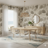 Sepia canopy wallpaper with a leaf pattern and neutral tones.
