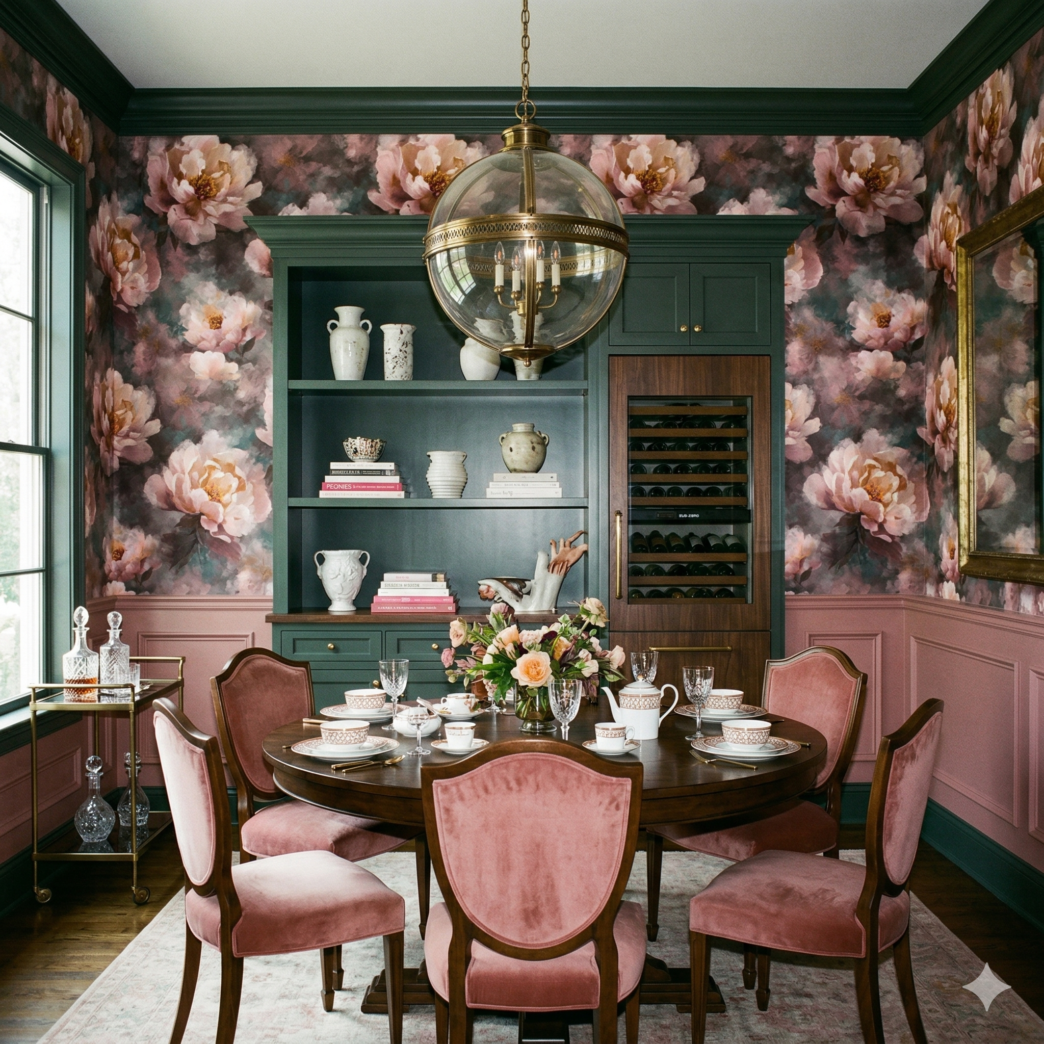 Floral Velours Nocturne Wallpaper with pink peony pattern, displayed in a dining room with furniture and decor.
