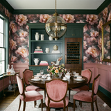 Floral Velours Nocturne Wallpaper with pink peony pattern, displayed in a dining room with furniture and decor.

