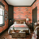 Novelty wallpaper with a skeleton campfire pattern on a coral background.