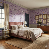 Violet orchard drift wallpaper with birds and blossoms on a light purple background.