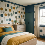 Treetop Sift Wallpaper with trees pattern on a bedroom wall.
