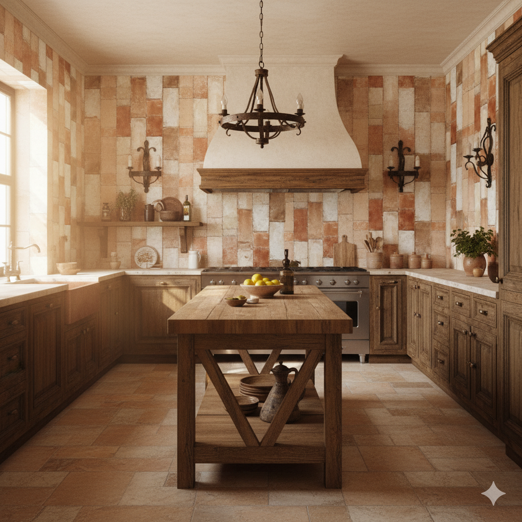Siena brick wallpaper with red and white pattern, set in a traditionally styled kitchen.
