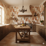 Siena brick wallpaper with red and white pattern, set in a traditionally styled kitchen.
