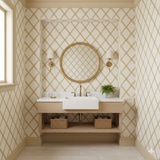 Aureate Lattice Wallpaper with gold rope diamond pattern on a light background.
