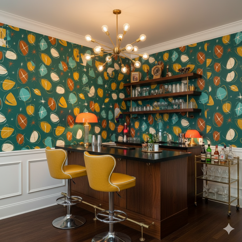Atomic Serenade Wallpaper with mid-century modern atomic pattern on a green background.
