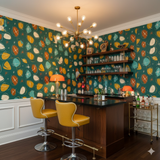 Atomic Serenade Wallpaper with mid-century modern atomic pattern on a green background.
