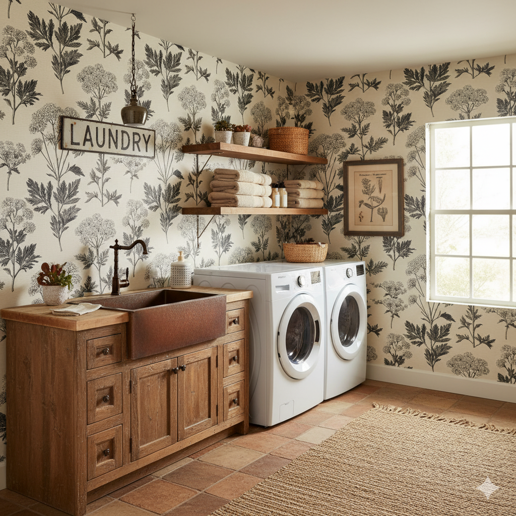 Floral wallpaper featuring black and white botanical prints in a laundry room setting.
