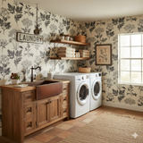 Floral wallpaper featuring black and white botanical prints in a laundry room setting.
